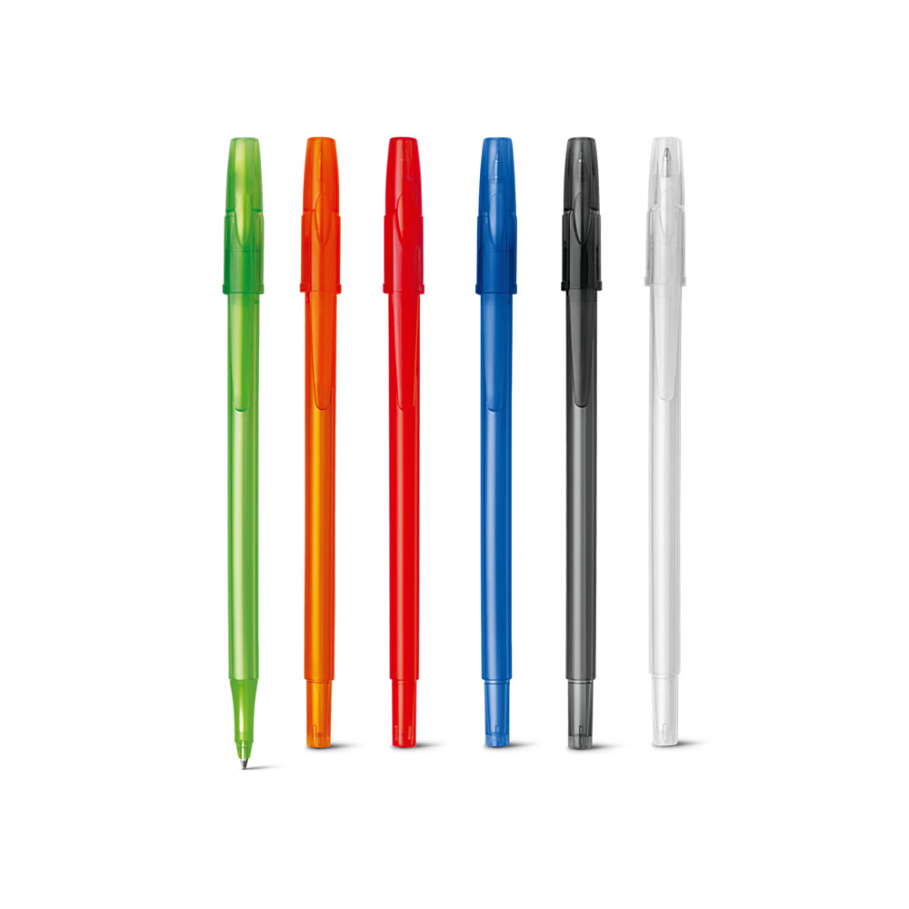 AMY. Esferográfica em PP com acabamento frost e escrita em azul