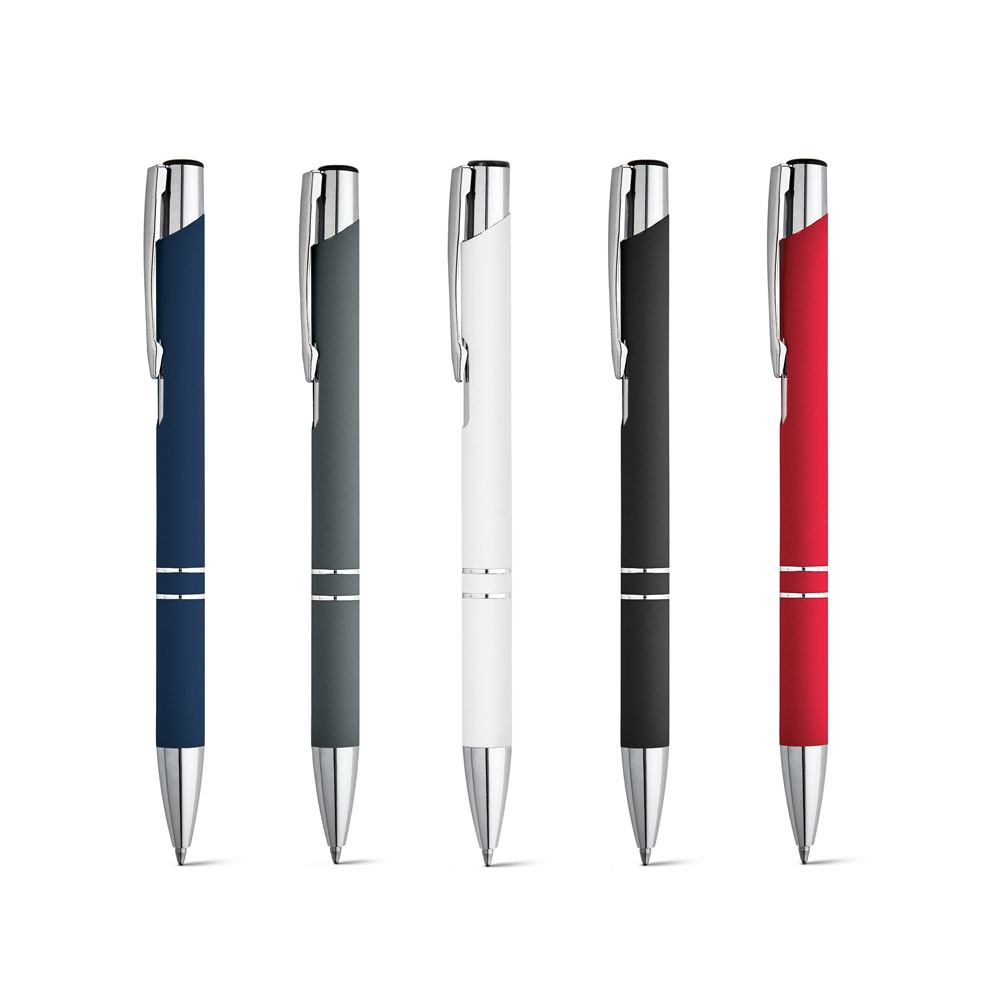 BETA SOFT. Esferográfica em alumínio com acabamento emborrachado e escrita em preto